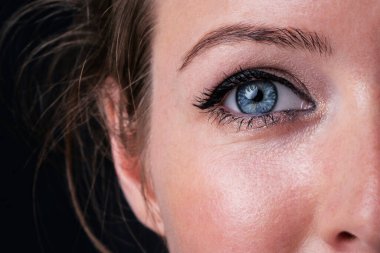 Siyah göz makyajlı mavi kadın gözünün yakın görüntüsü. Klasik makyaj malzemesi. Mükemmel kaşlar. Stüdyo çekimi.