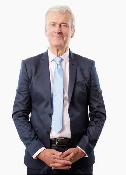 Estúdio Retrato Empresário Sênior Vestindo Terno Gravata Enquanto Fundo Branco — Fotografia de Stock