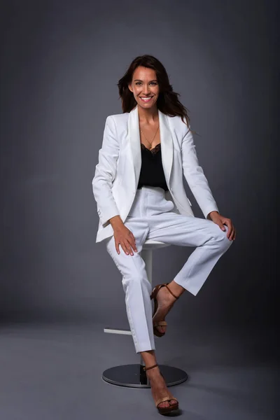 Full Lenght Studio Shot Happy Attractive Woman Wearing White Suite — Photo