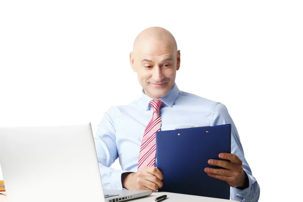 Sales man holding clipboard — Stock Photo, Image