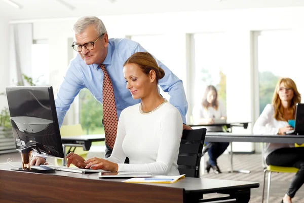 Businessman giving advise to sales woman — Stock Photo, Image