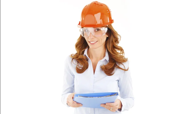 Female engineer wearing hardhat — 스톡 사진