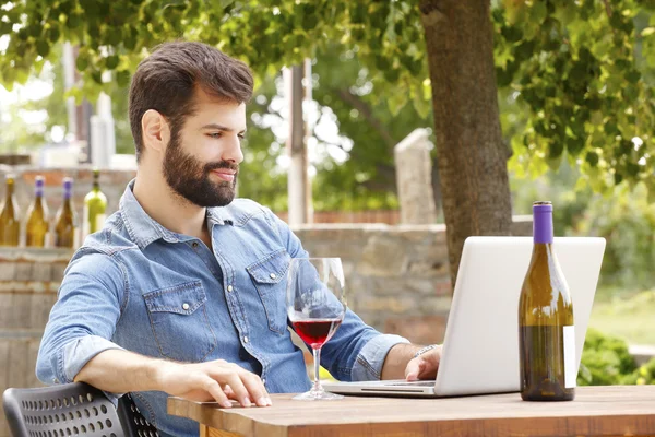 Enologo in cantina di fronte al computer portatile — Foto Stock