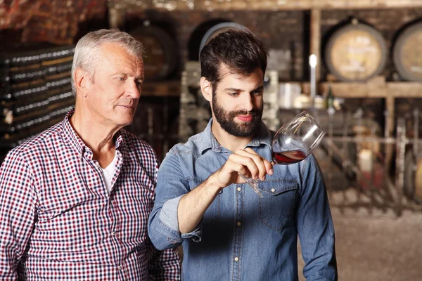 Winemakers tasting the new wine — Stok fotoğraf