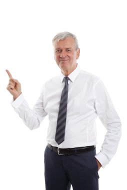 businessman showing something with his finger.