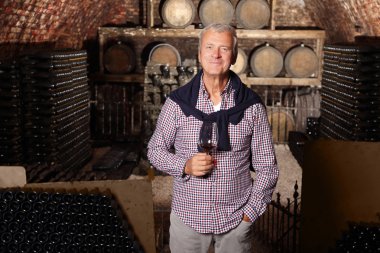 wineries owner standing at wine cellar clipart