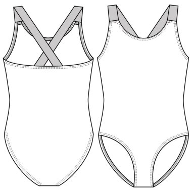 Temel Genç Kızlar Bir parça mayo düz taslak taslak. Elastik kayışların aksine. Mayo Teknik Moda Çizimi. 