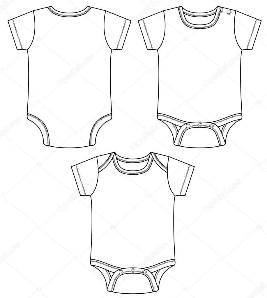 Vector Baby Bodysuit. Infant Layette Clothing Elements. Fashion flat sketch template. Technical Fashion Illustration. 
