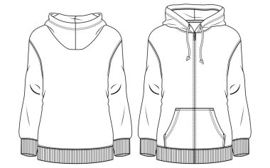 Kadınlar Üst Düzey Moda Taslak Şablonu. Teknik Moda İllüstrasyonu. Kızlar, öndeki kazağı giyin.