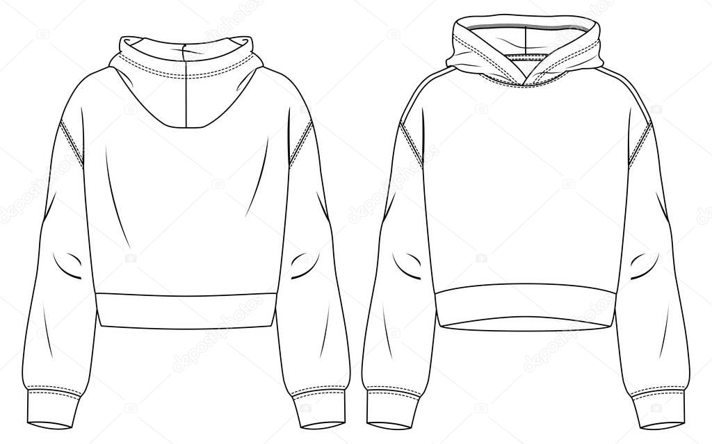 Women Hooded Crop Top fashion flat sketch template. Technical Fashion Illustration. Girls Sweatshirt Hoody