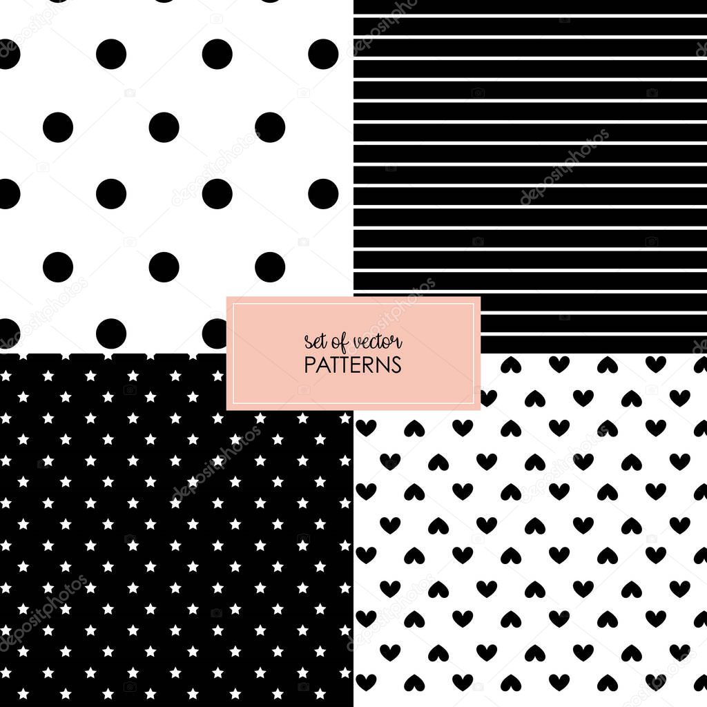 Set of four geometric patterns. Vector illustration. Black and white Polkadots Stripes Hearts stars