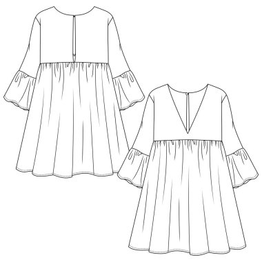 Kadın Kısa Elbise Düz Çizim Şablonu. Teknik Moda İllüstrasyonu. Empire Beli Kızları. Fişekli kollu bir elbise. Düşük V-Boyun ve arka anahtar deliği açılıyor