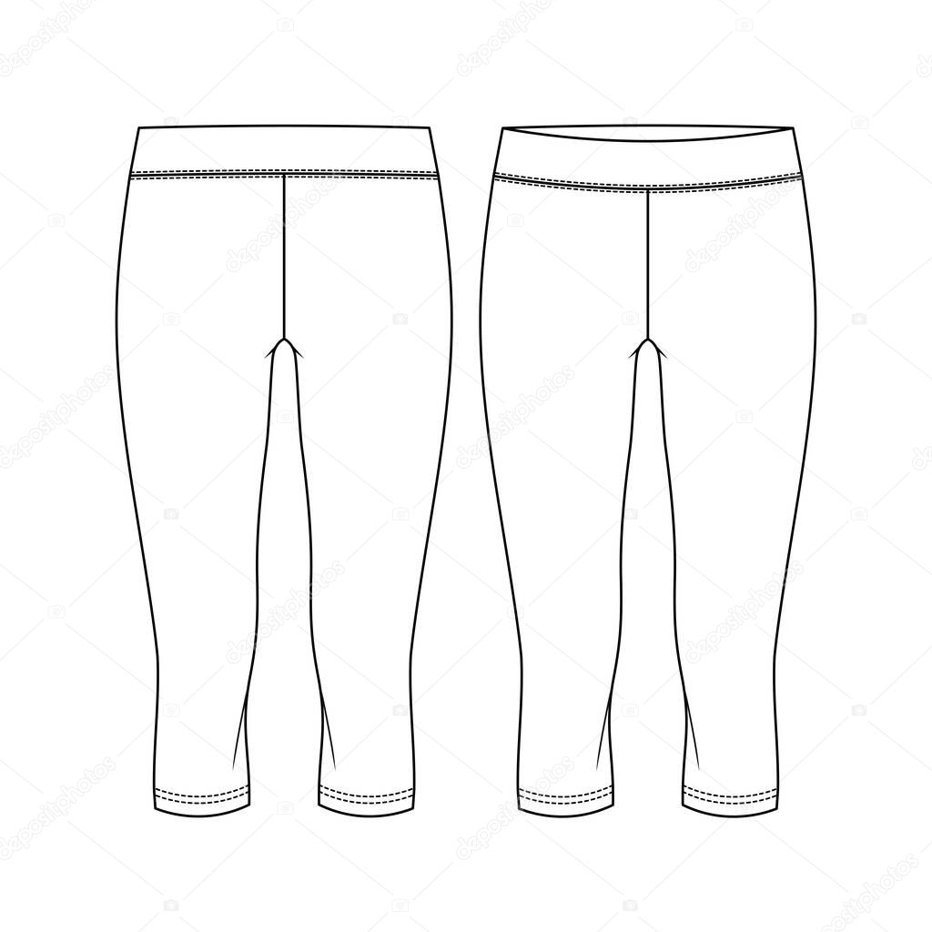 Girls Capri Length Legging fashion flat sketch template. Women Active wear knee Legging Technical Fashion Illustration