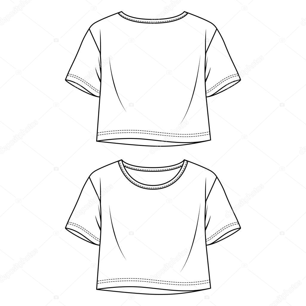 Women Flare Jersey Crop Top fashion flat sketch template. Girls Short Sleeves tee Technical Fashion Illustration. Relax Fit T-Shirt