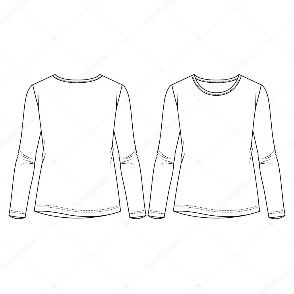 Women Long Sleeves top fashion flat sketch template. Girls Regular length tee Technical Fashion Illustration