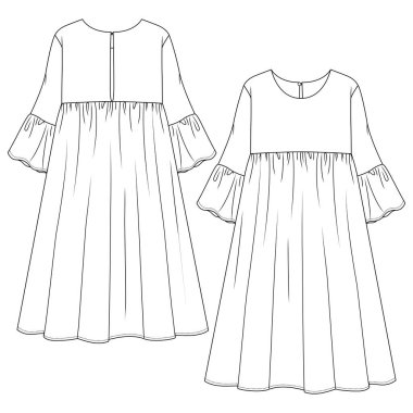 Kadınlar Uzun Elbise Düz Çizim Şablonu. Teknik Moda İllüstrasyonu. Empire Beli Kızları. Fişekli kollu bir elbise. Mürettebat Boyun