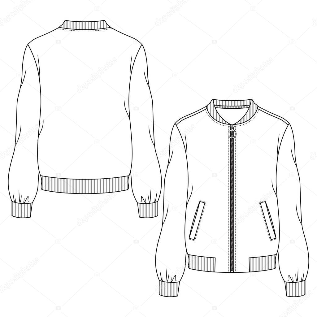 Women Bomber Jacket fashion flat sketch template. Technical Fashion Illustration. Welt Pockets