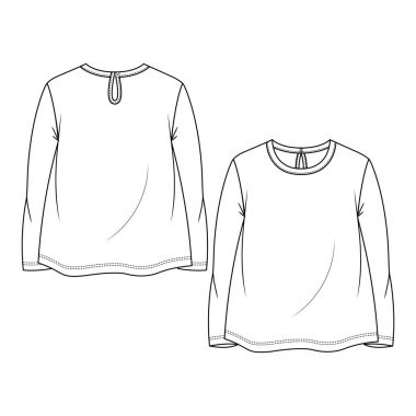 Bebek Kızlar 'ın uzun kolları ışıldıyor. Üst moda taslak şablonu. Kızlar Teknik Moda İllüstrasyonu. Arka Anahtar Deliği açılıyor