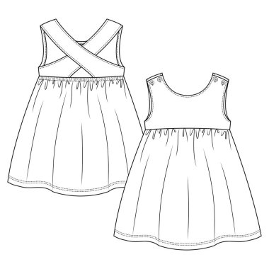 Bebek Kızlar kolsuz elbise düz taslak şablonu. Kızlar Çocuklar En İyi Teknik Moda Çizimi. Kayış arkadan geçiyor.