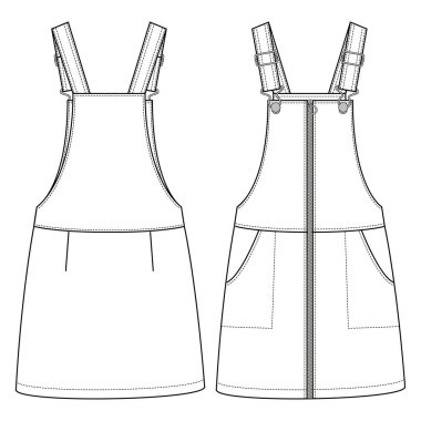 Kızlar Zip Front Pinafore moda taslak şablonu. Çocuklar için Atlama Elbisesi Teknik Moda Çizimi. Shank Kayışı Kapanışı. Eğik Cepler