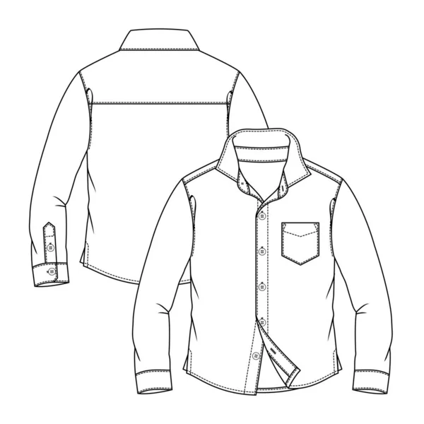 男孩长袖衬衫流行平面草图模板 技术时尚图解 衬衫Cad 前置与钮扣关闭 胸部口袋 — 图库矢量图片