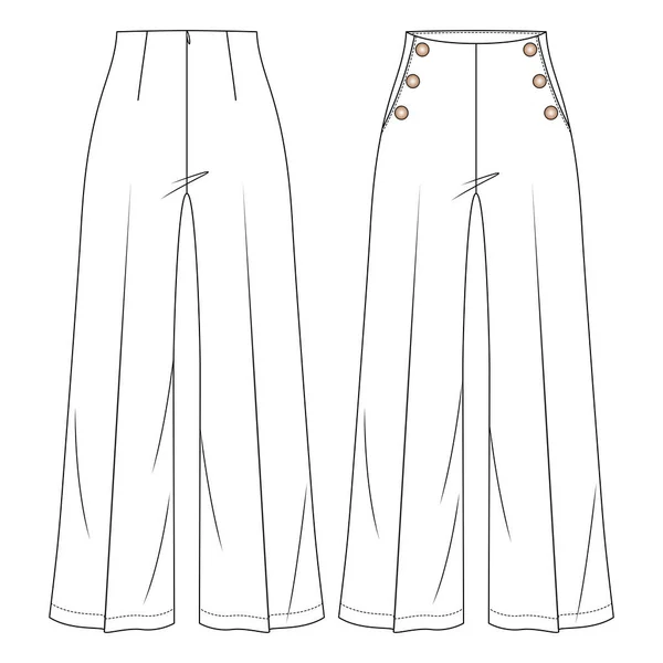 Kadın Yüksek Belli Denizci Pantolon Vektörü Düz Çizimler Moda Teknik — Stok Vektör