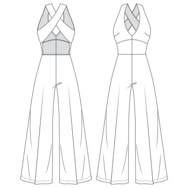Kadınlar Tulum Vektörü Moda Çizimlerini Geri Açar. Kızlar Moda Teknik Çizim Şablonu. Bacaklarını aç. Bacaklarını aç. Düşük V-Neck. Askılı üst Bak