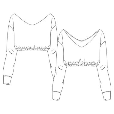 V-Neck kadın kazağı düz moda taslak şablonu. Kızlar Teknik Moda İllüstrasyonu. Omuz hizasında geniş bir boyun açığı. Elastik kenar