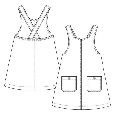 Bebek Kızlar Pinafore moda taslak şablonu. Çocuklar için Atlama Elbisesi Teknik Moda Çizimi. Ön ceplerinde düğme var. Ön dikişler ortada.