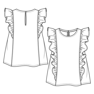 Baby Girls Sleeveless Top fashion flat sketch template. Girls Kids Technical Fashion Illustration. Front and back cut and sew with frill detail. Back Keyhole opening.  clipart