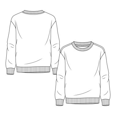 Boys Basic Tayfası Boyunlu Süveter Düz Çizim Şablonu. Genç Erkekler Teknik Moda İllüstrasyonu. Kaburga boynu, bel ve kolluk.