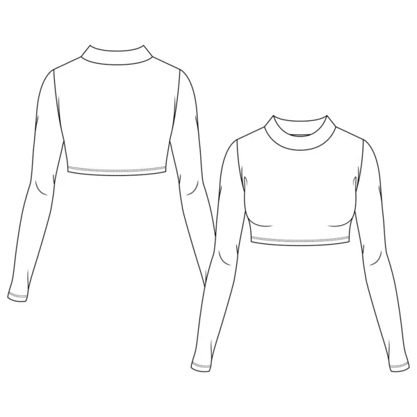 Vrouwen Mock Neck Crop Top Mode Platte Schets Template Meisjes — Stockvector