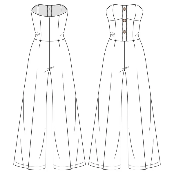 Γυναικεία Bandeau Tube Jumpsuit Vector Fashion Flat Σκίτσα Πρότυπο Τεχνικής — Διανυσματικό Αρχείο