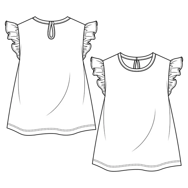 Baby Girls Frill Sleeves Top Fashion Flat Sketch Template Girls — Stockový vektor