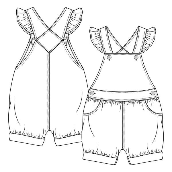 Baby Girls Dungaree Plantilla Dibujo Plano Moda Niños Jumpsuit Overall — Vector de stock