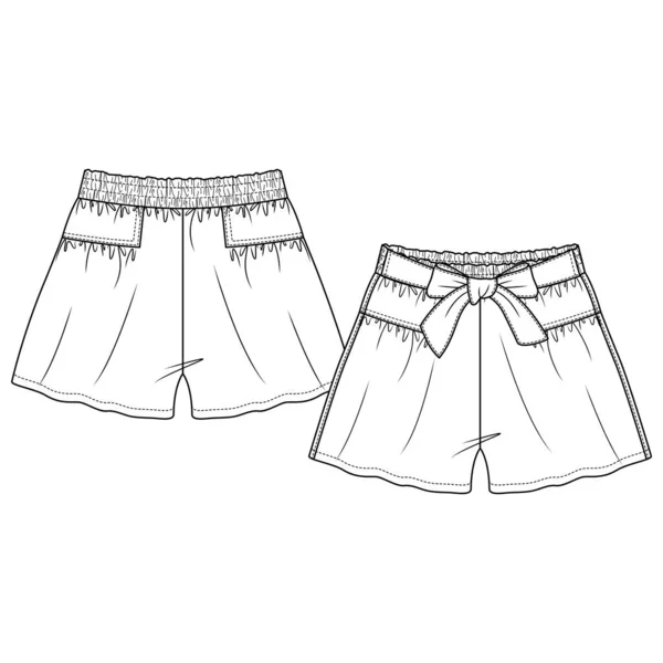 Carino Ragazze Flare Shorts Con Fiocco Anteriore Moda Modello Schizzo — Vettoriale Stock