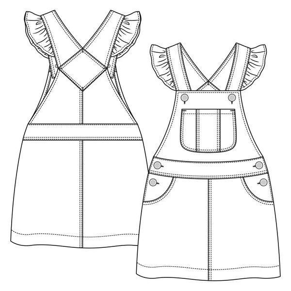 Baby Girls Pinaffore Μόδα Επίπεδη Σκίτσο Πρότυπο Παιδικό Jumper Φόρεμα — Διανυσματικό Αρχείο