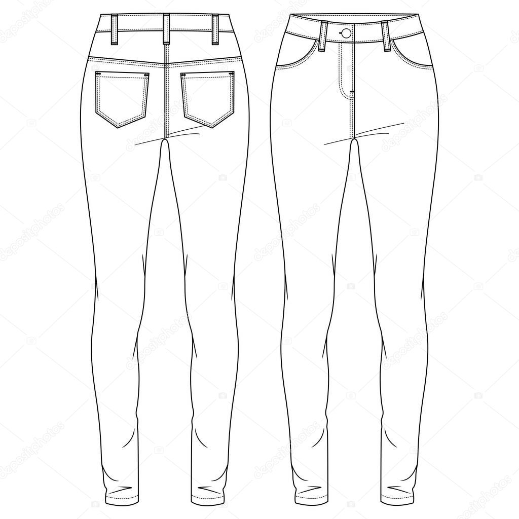 Women Slim Fit Jegging Pant Vector Fashion Flat Sketches. Girls Fashion Technical Illustration Template. Stretch Skinny Jeans