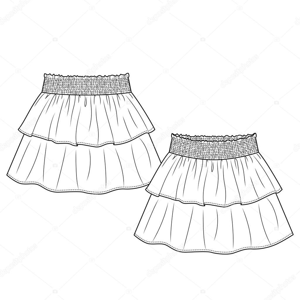 Baby Girls Short Skirt fashion flat sketch template. Technical Fashion Illustration. Smocking elastic waist effect. Layered Frills