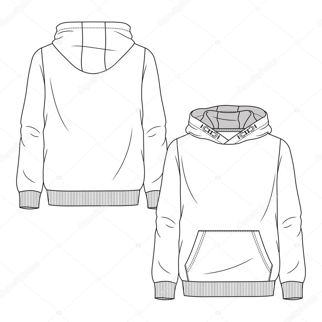 Boys PullOver Fleece Top fashion flat sketch template. Young Men Hooded Sweatshirt Technical Fashion Illustration. Front Pocket detail