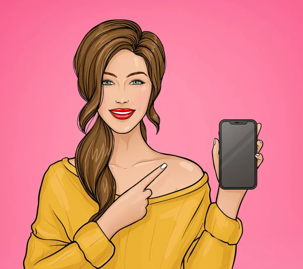 मुस्कान वाली महिला हाथ में स्मार्टफ़ोन रखती है — स्टॉक वेक्टर