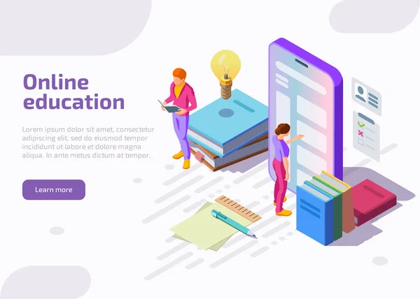 Pendidikan online Isometric dengan karakter siswa - Stok Vektor