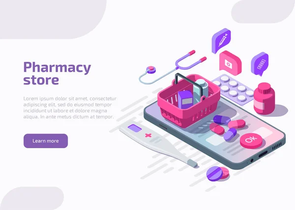 Pharmacie en ligne isométrique avec comprimés de médecine — Image vectorielle