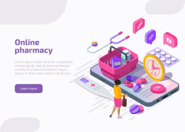 Alıcı ve ilaç kullanan Isometric çevrimiçi eczane afişi