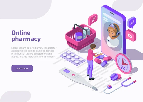Online pharmacy isometric banner with pharmacist and patient — Stock Vector