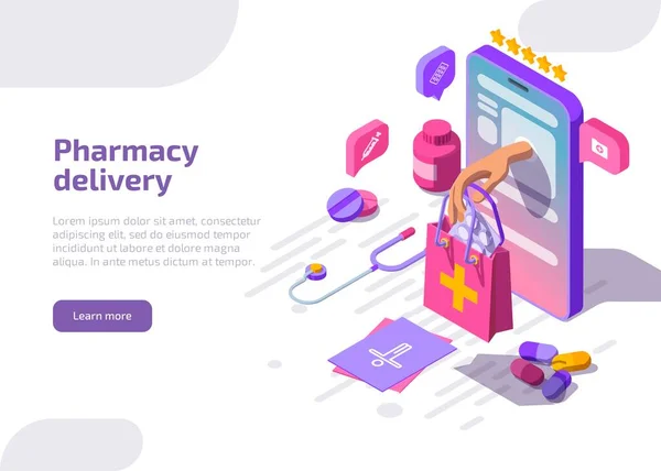 Bannière de livraison en pharmacie avec smartphone isométrique et main — Image vectorielle