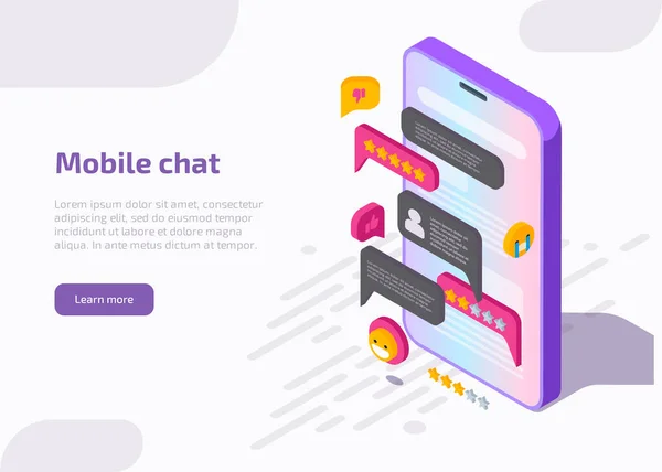 Interface d'application mobile de chat isométrique sur l'écran du smartphone — Image vectorielle