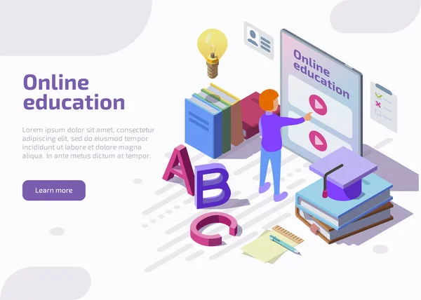 Bannière d'éducation en ligne isométrique avec étudiant — Image vectorielle