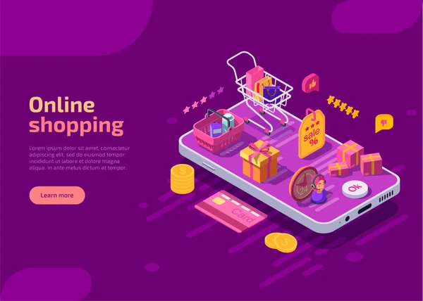 Online shopping isometric landing page — Stock Vector