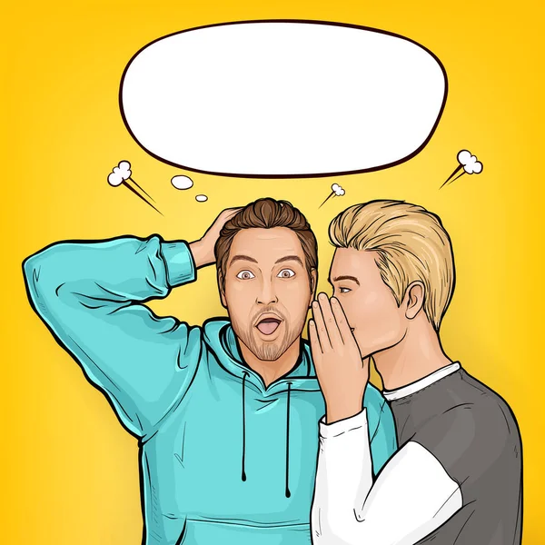 Pop art man whispers about secrets to surprised guy — Stock Vector